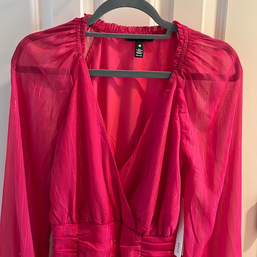 AQUA Metallic Threaded Ruffle Skirt Dress in magenta. XS
